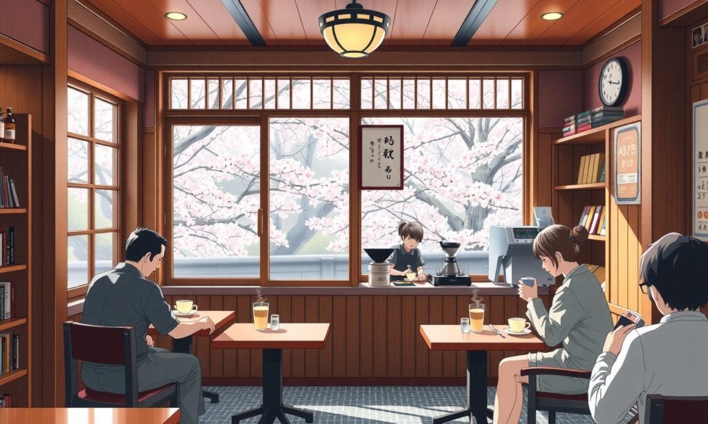 Um aconchegante café japonês com interior de madeira, barista preparando café e clientes relaxando. Cerejeiras enfeitam a vista pela janela, criando um ambiente sereno.