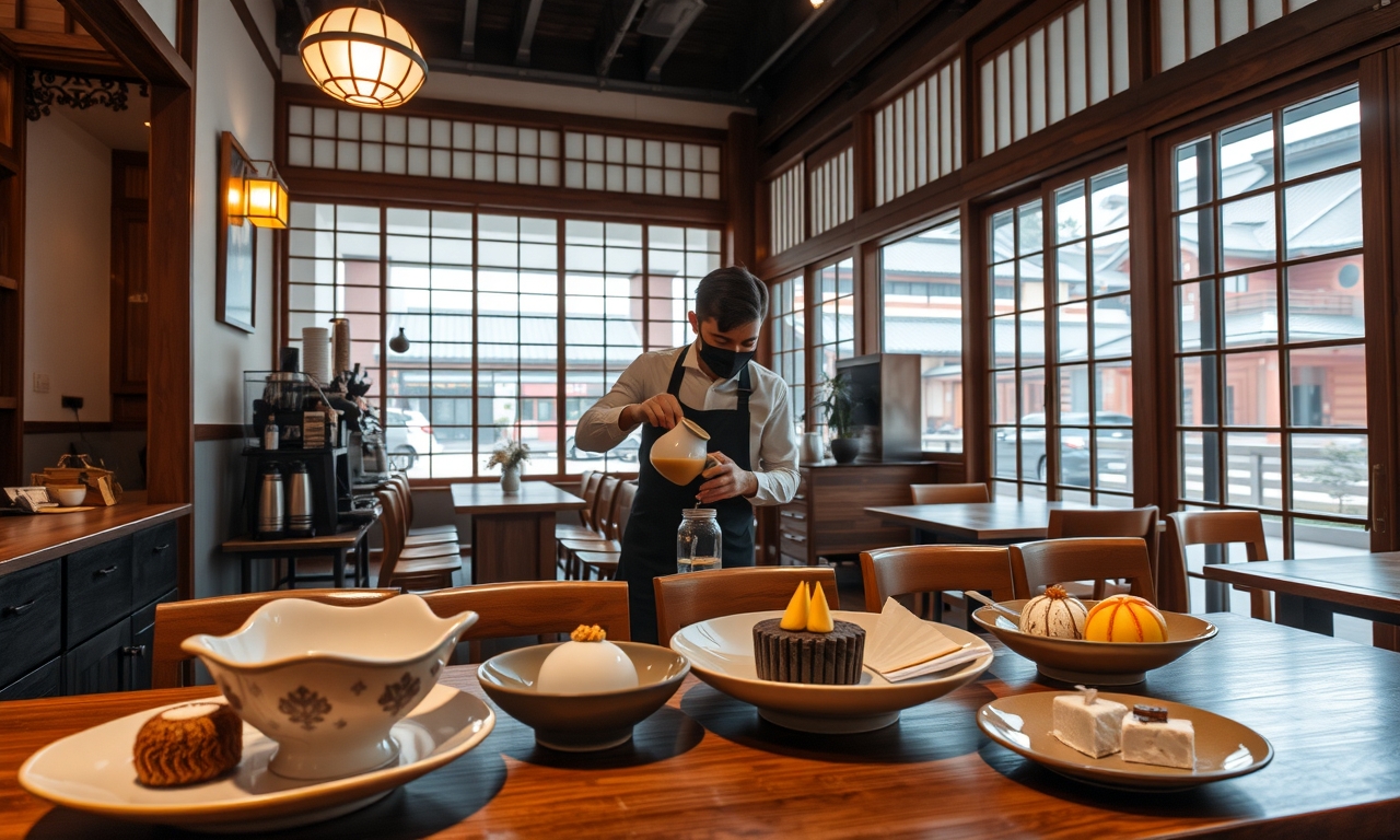 Aconchegante café japonês em Nara, com barista preparando café artesanal, wagashi delicados e vista para a arquitetura tradicional. Ambiente sereno e autêntico. Aconchegante café japonês em Nara, com barista preparando café artesanal, wagashi delicados e vista para a arquitetura tradicional. Ambiente sereno e autêntico.