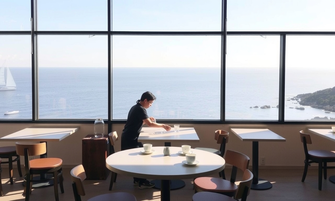Café minimalista em Naoshima com vista para o mar, design japonês moderno e luz suave da manhã. Perfeito para apreciar café e arte. Café minimalista em Naoshima com vista para o mar, design japonês moderno e luz suave da manhã. Perfeito para apreciar café e arte.