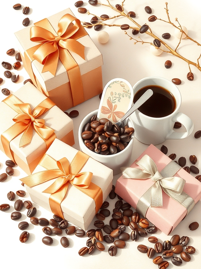 Encantadora composição de café com caixas de presente, grãos e atmosfera acolhedora, em estilo aquarela e luz suave. Perfeito para presentes especiais!