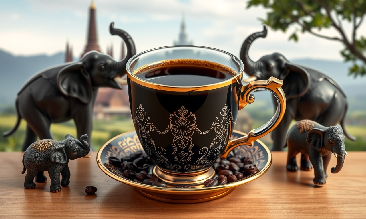 Um raro café preto em taça elegante, cercado por elefantes, com paisagem tailandesa ao fundo. Luxo e exclusividade em cada detalhe. Um raro café preto em taça elegante, cercado por elefantes, com paisagem tailandesa ao fundo. Luxo e exclusividade em cada detalhe.