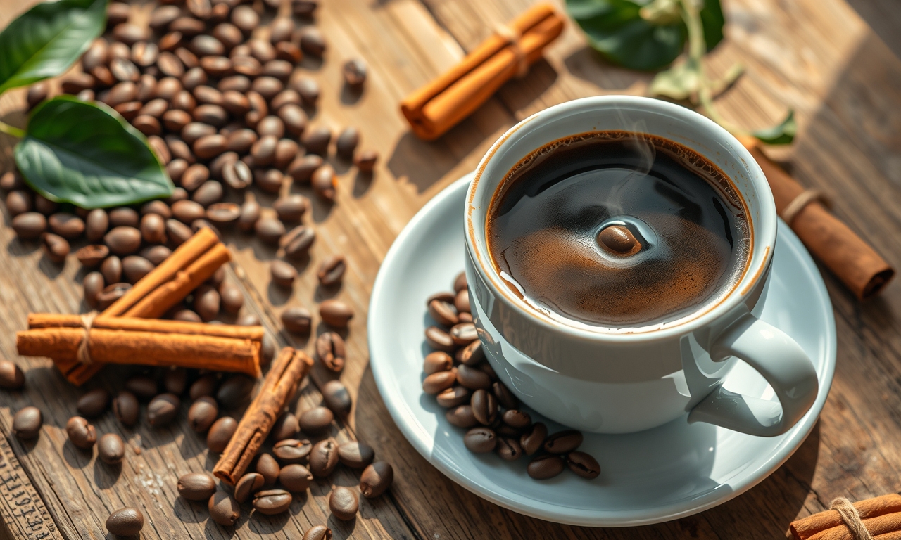 Delicioso café aromático com canela, grãos frescos e pau de canela em uma mesa rústica. Perfeito para momentos de conforto e bem-estar. Delicioso café aromático com canela, grãos frescos e pau de canela em uma mesa rústica. Perfeito para momentos de conforto e bem-estar.
