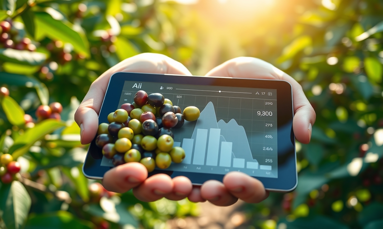 Mãos segurando grãos de café frescos com tablet mostrando análise de IA ao fundo, em plantação ensolarada. Tecnologia e natureza unidas na produção de café.