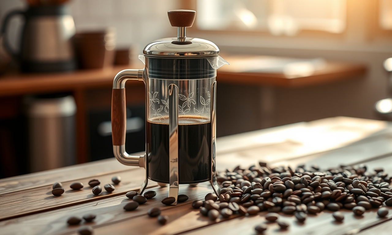 Cafeteira francesa elegante com alça de madeira sobre mesa rústica, cercada por grãos de café e luz suave da manhã, perfeita para apreciadores de café artesanal. Cafeteira francesa elegante com alça de madeira sobre mesa rústica, cercada por grãos de café e luz suave da manhã, perfeita para apreciadores de café artesanal.