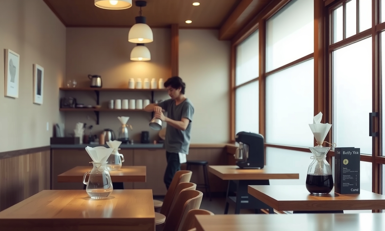 Ambiente minimalista de cafeteria japonesa com iluminação suave, mesas de madeira e barista preparando café com métodos de coado a quente e frio. Ambiente minimalista de cafeteria japonesa com iluminação suave, mesas de madeira e barista preparando café com métodos de coado a quente e frio.