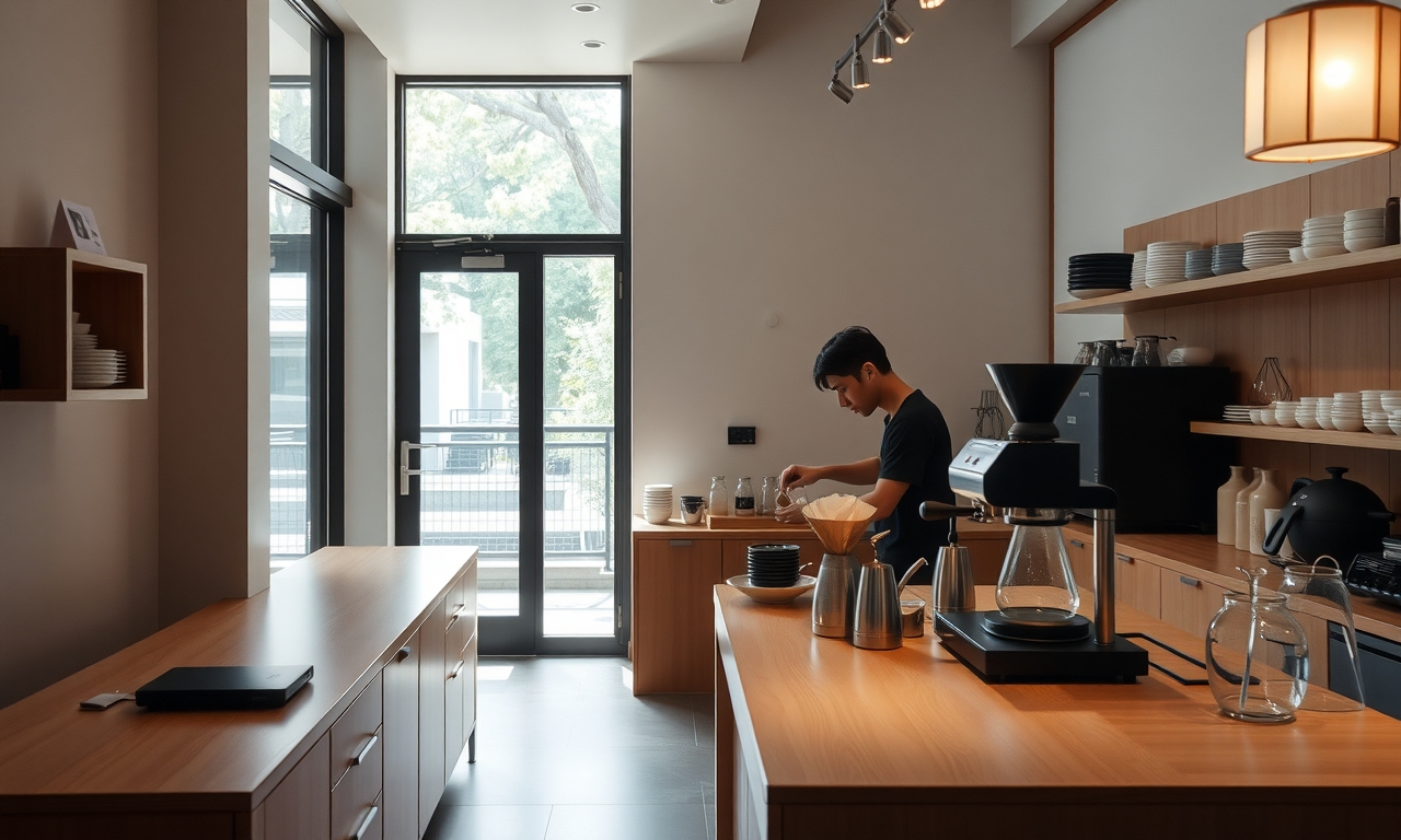 Cafeteria japonesa moderna em Hiroshima, com design minimalista, barista preparando café pour-over e luz natural suave. Ambiente aconchegante e sofisticado. Cafeteria japonesa moderna em Hiroshima, com design minimalista, barista preparando café pour-over e luz natural suave. Ambiente aconchegante e sofisticado.