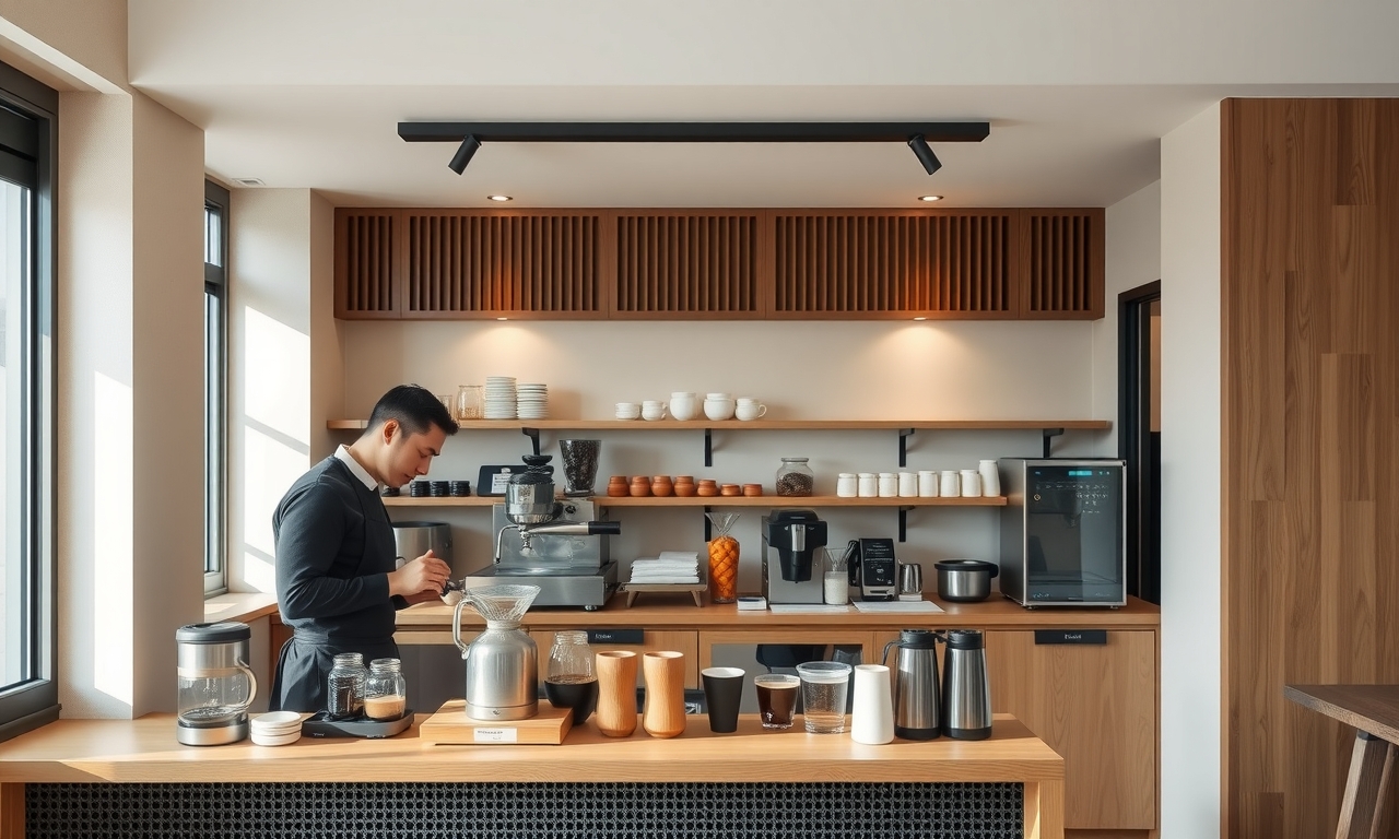 Cafeteria minimalista em Tóquio com design elegante, madeira natural e baristas preparando cafés artesanais sob luz suave. cafeterias no Japão para turistas