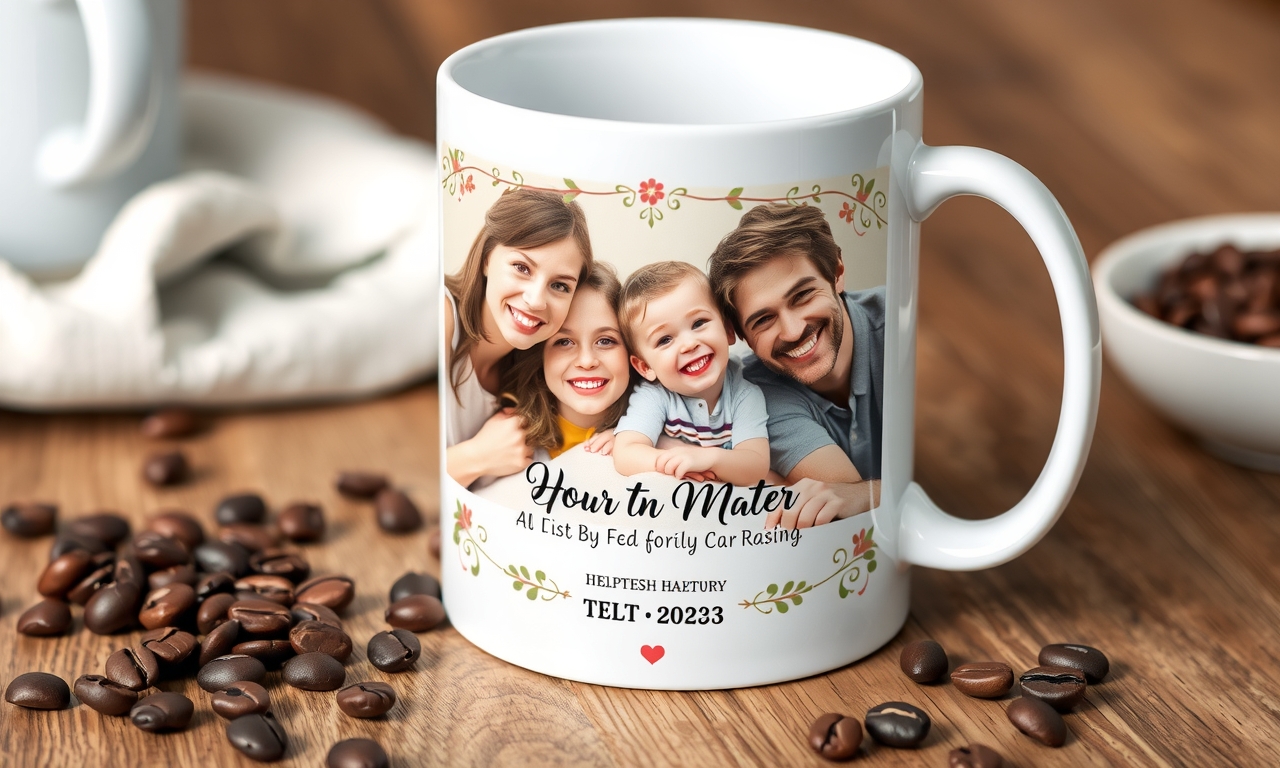 Caneca personalizada com foto da família em tons pastéis, perfeita para presentear. Acompanhada de grãos de café, em um cenário acolhedor. Caneca personalizada com foto da família em tons pastéis, perfeita para presentear. Acompanhada de grãos de café, em um cenário acolhedor.