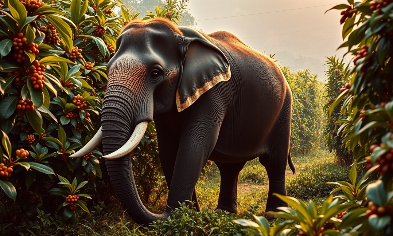 Um majestoso elefante caminha entre os pés de café em uma plantação tailandesa, envolto pela luz suave da manhã, criando uma atmosfera mágica. Black Ivory Coffee