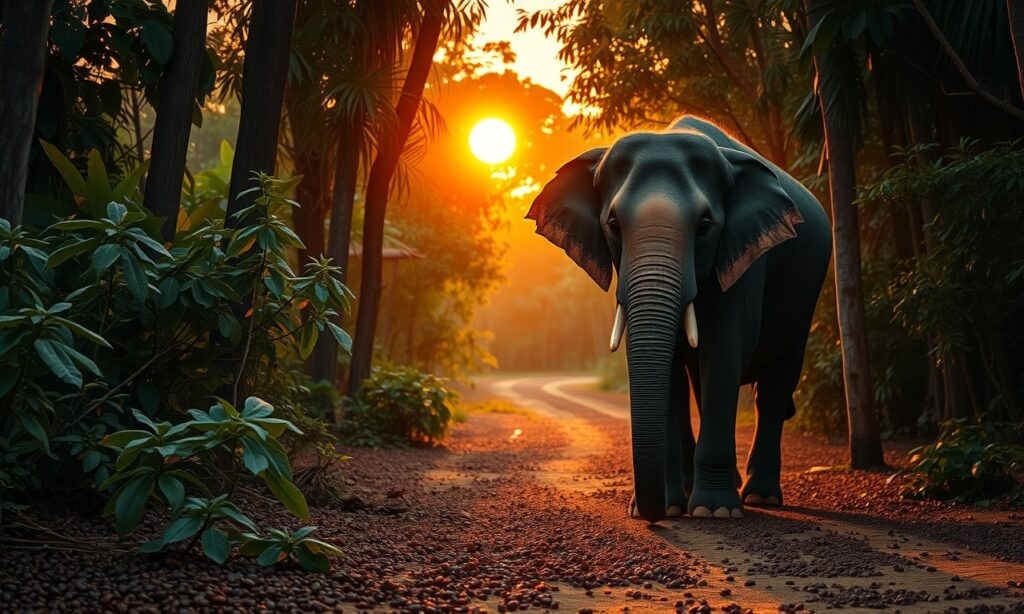 Elefante majestoso na selva tailandesa, cercado por grãos de café, sob a luz dourada do pôr do sol. Cena serena e exótica.
