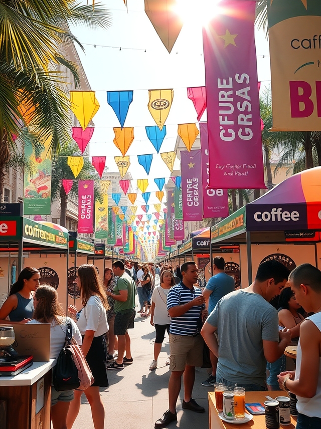 Cena vibrante do festival de café em São Paulo, com banners coloridos, barracas e pessoas degustando diversas variedades de café sob luz solar aconchegante.