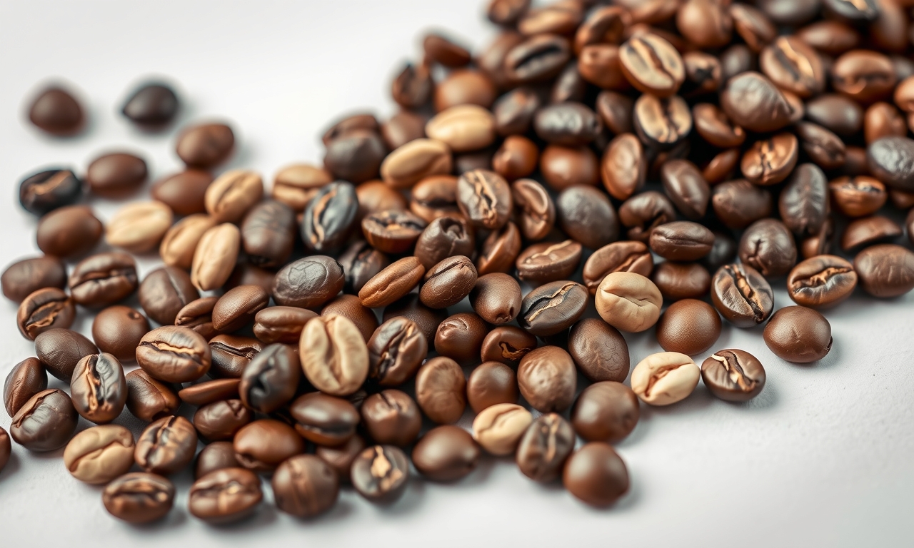 Grãos de café elegantes de diversas origens, dispostos artisticamente, com variações de cor e iluminação suave que destacam textura e qualidade. presentes para mães que amam café