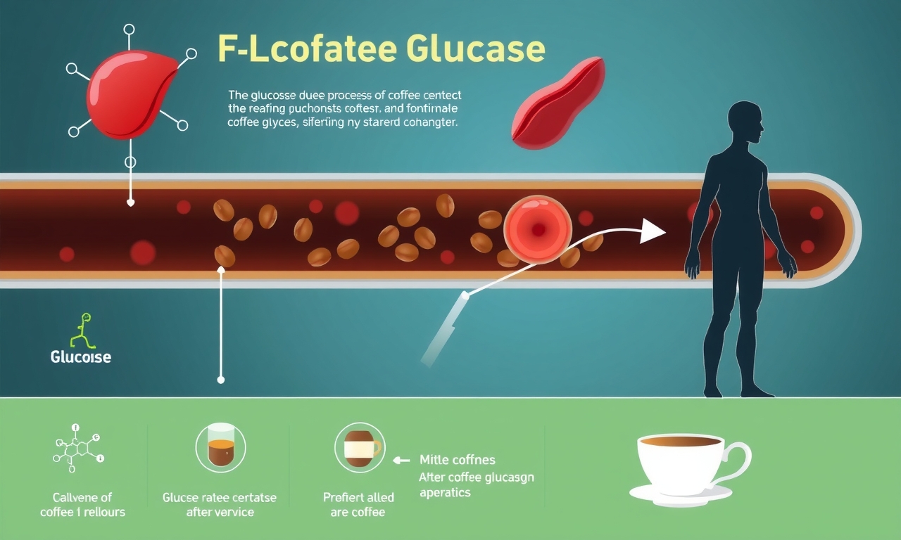 Infográfico realista mostrando como o café afeta o metabolismo da glicose no sangue, com ilustrações científicas e silhueta do corpo humano.