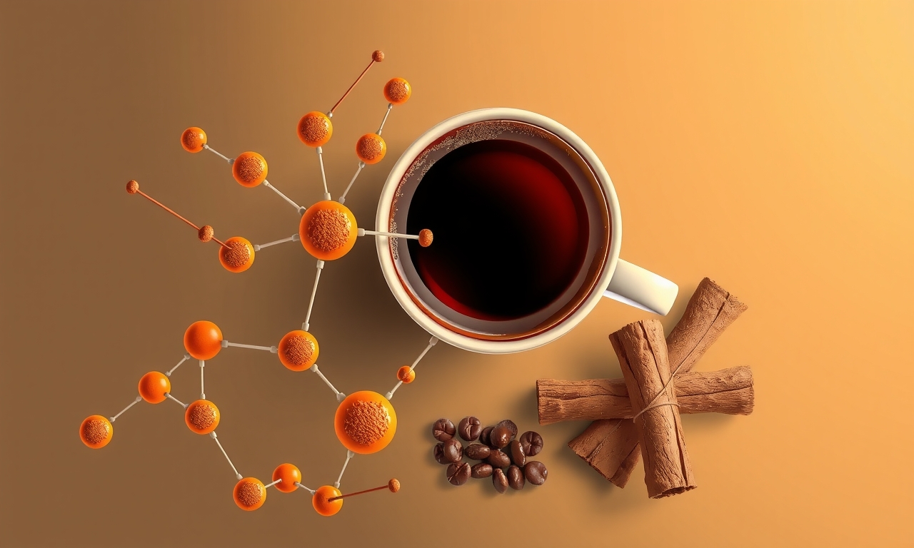 Ilustração científica da interação metabólica entre café e canela, com tons quentes de marrom e dourado, destacando conexões moleculares. Ilustração científica da interação metabólica entre café e canela, com tons quentes de marrom e dourado, destacando conexões moleculares.