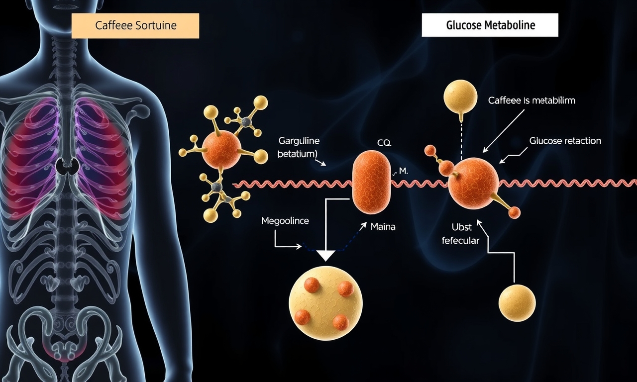 Ilustración científica detallando como café aumenta la glucosa, interactúa con el metabolismo, mostrando vías hormonales y reacciones en el cuerpo humano. café aumenta la glucosa