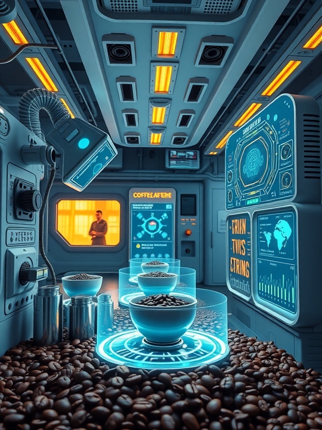 Laboratório futurista com IA analisando grãos de café em hologramas detalhados, iluminação aconchegante e estética high-tech precisa.