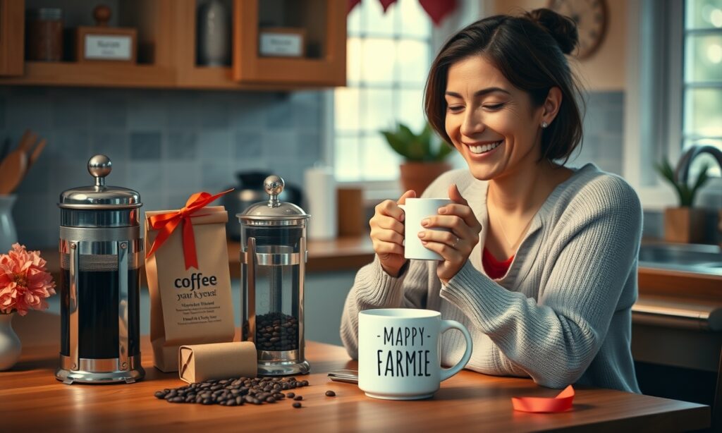 Mãe sorridente aproveita um café da manhã aconchegante, cercada por presentes de café, como uma cafeteira francesa e grãos, em um ambiente iluminado e acolhedor.