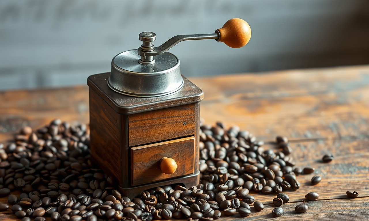 Moedor de café vintage com alça de madeira, cercado por grãos frescos, em uma mesa rústica com luz natural suave. Perfeito para amantes de café! Moedor de café vintage com alça de madeira, cercado por grãos frescos, em uma mesa rústica com luz natural suave. Perfeito para amantes de café!