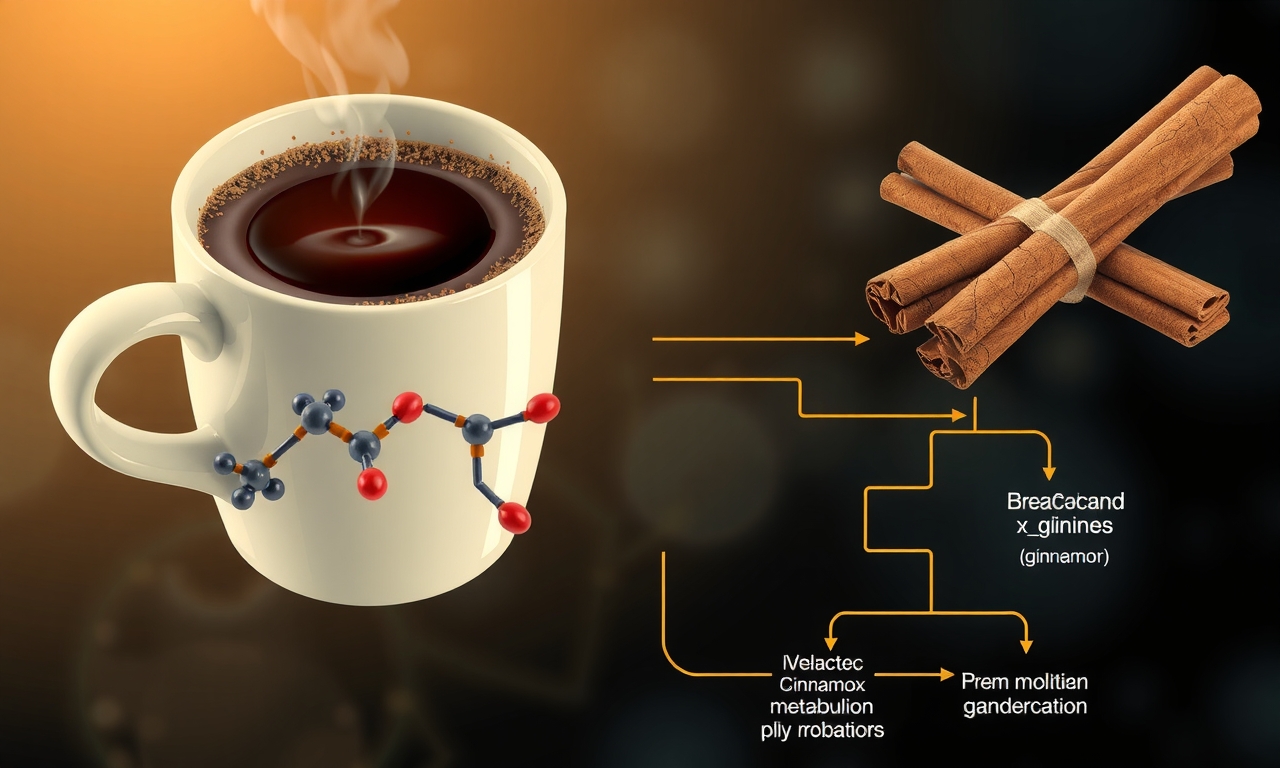 Ilustração científica mostra a interação entre moléculas de café e canela, destacando seus efeitos sinérgicos no metabolismo humano. benefícios do café com canela
