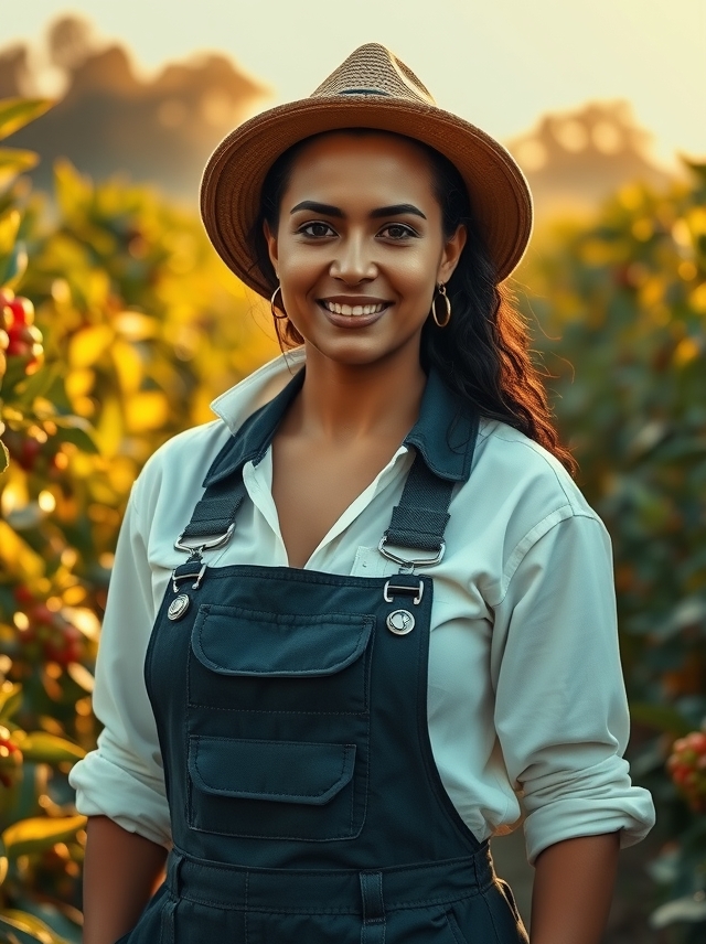 Retrato inspirador de uma cafeicultora brasileira, vestindo trajes tradicionais, em um cafezal banhado pela luz dourada do sol. Força e empoderamento feminino.