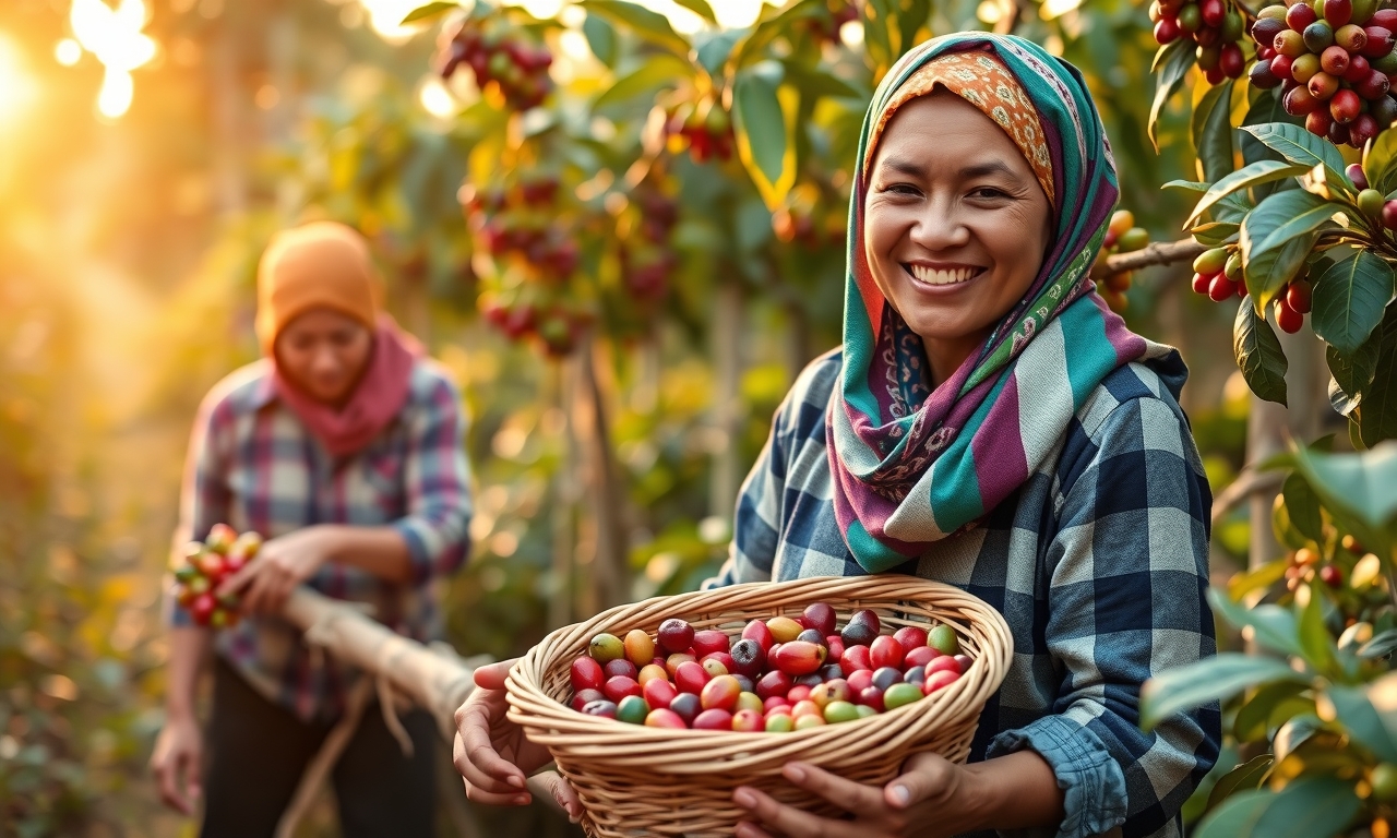 Mulheres cafeicultoras colhem grãos no Brasil, com sorriso e trabalho em equipe sob a luz do amanhecer, mostrando a origem do café com empoderamento.