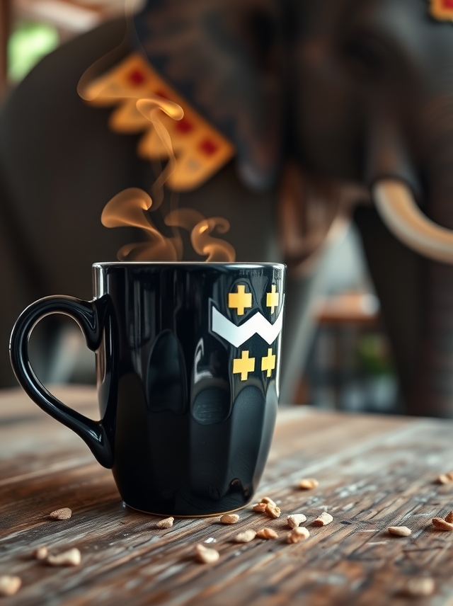 Close-up de uma luxuosa xícara de café preta com vapor dourado, em mesa rústica com elefante tailandês desfocado ao fundo. Iluminação natural suave e estilo fotorealístico.