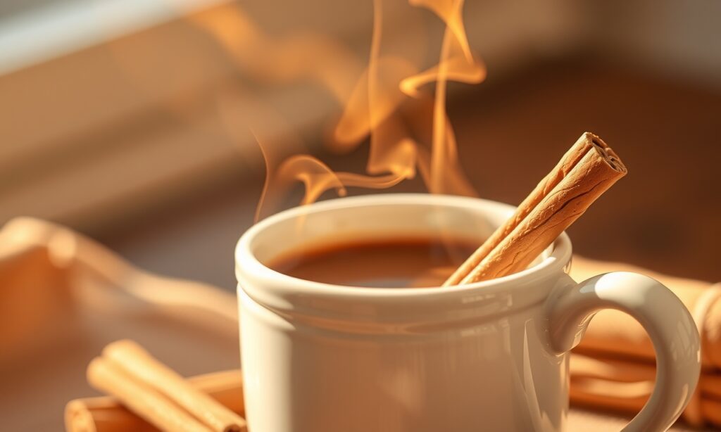 Uma xícara de café fumegante com canela, iluminada pela luz dourada da manhã. Perfeito para momentos de bem-estar e conforto.